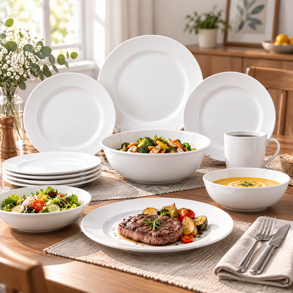 Zulqavi White Porcelain Dinnerware Set, Plates Bowls and Mugs for Kitchen Dining