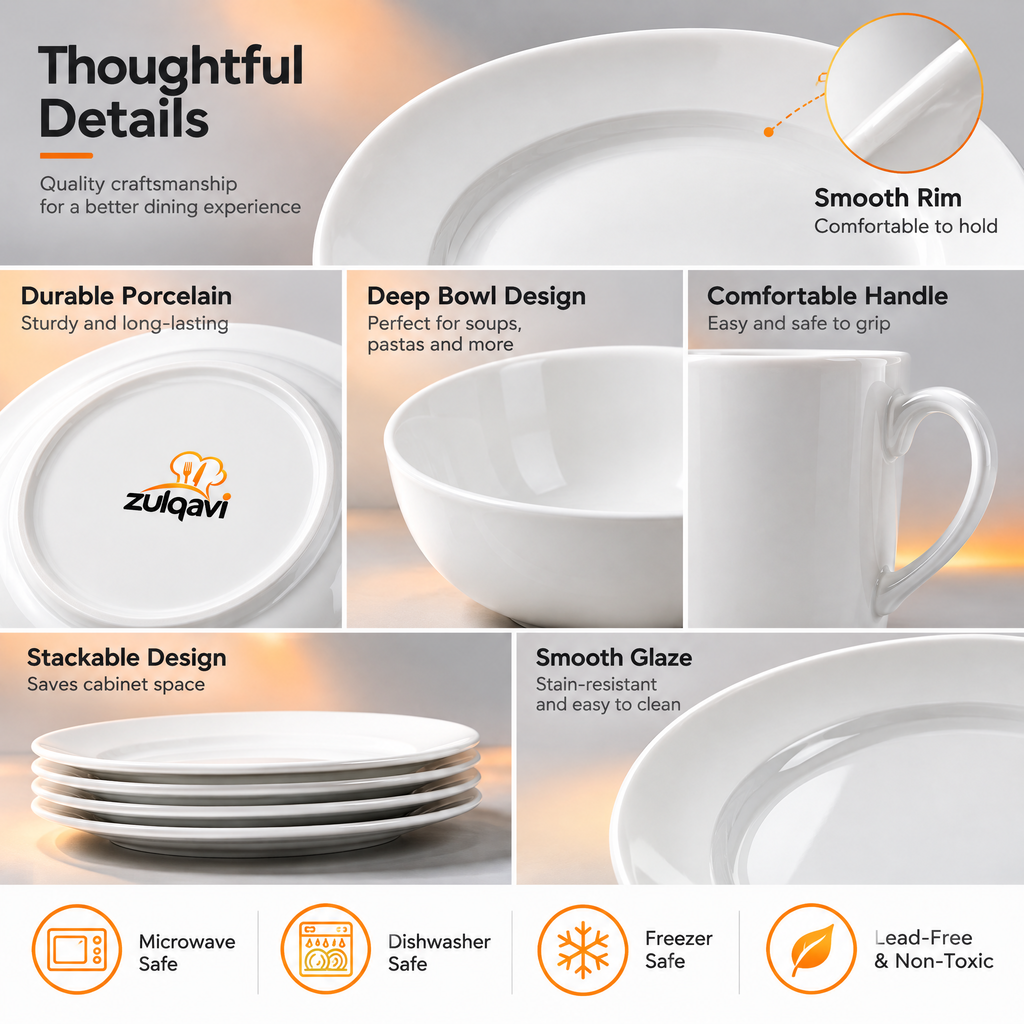 Zulqavi White Porcelain Dinnerware Set, Plates Bowls and Mugs for Kitchen Dining