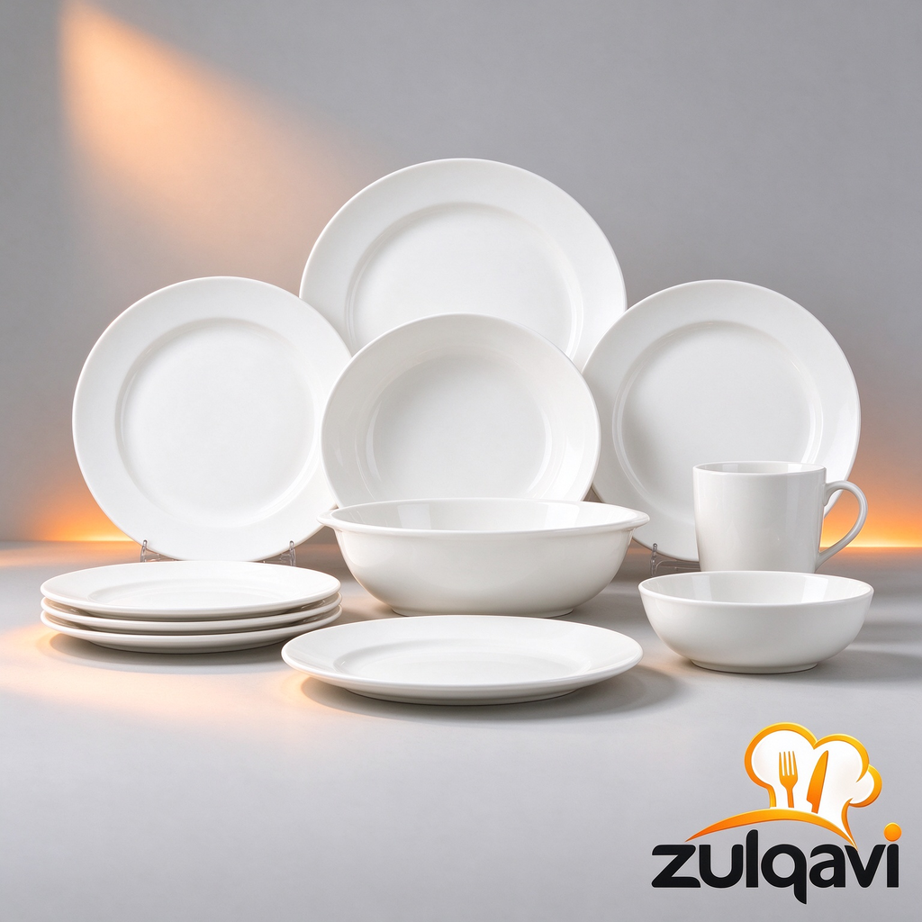 Zulqavi White Porcelain Dinnerware Set, Plates Bowls and Mugs for Kitchen Dining