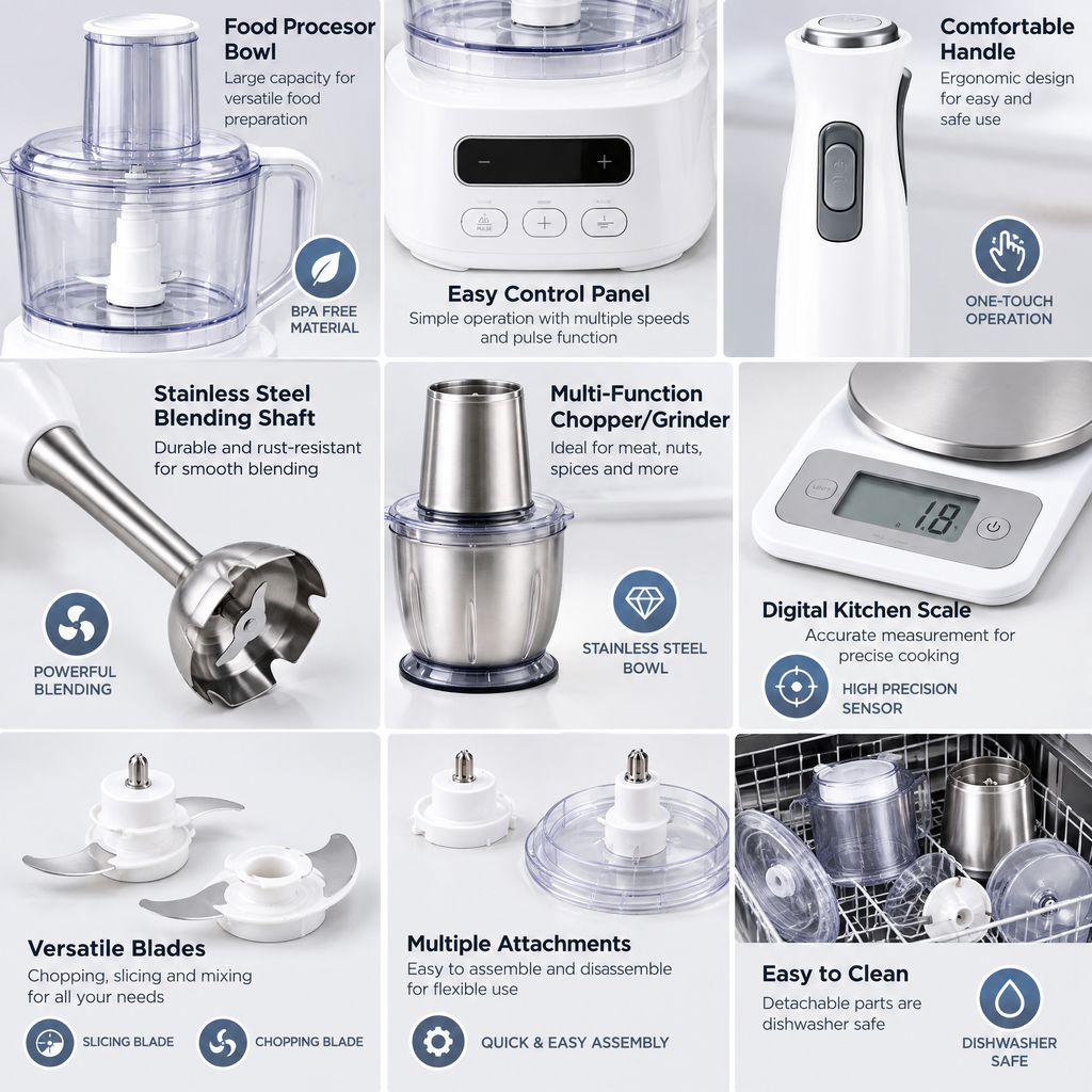 Zulqavi Electric Kitchen Appliance Bundle, Food Processor, Hand Blender & Digital Kitchen Scale