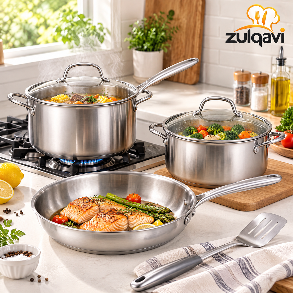Zulqavi Stainless Steel Cookware Set, Pots, Pan and Slotted Spatula for Home Cooking