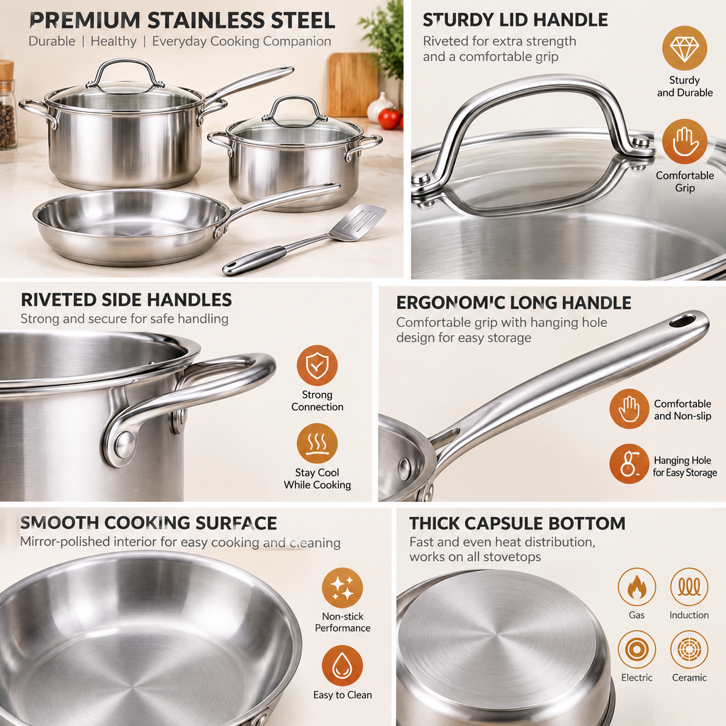 Zulqavi Stainless Steel Cookware Set, Pots, Pan and Slotted Spatula for Home Cooking
