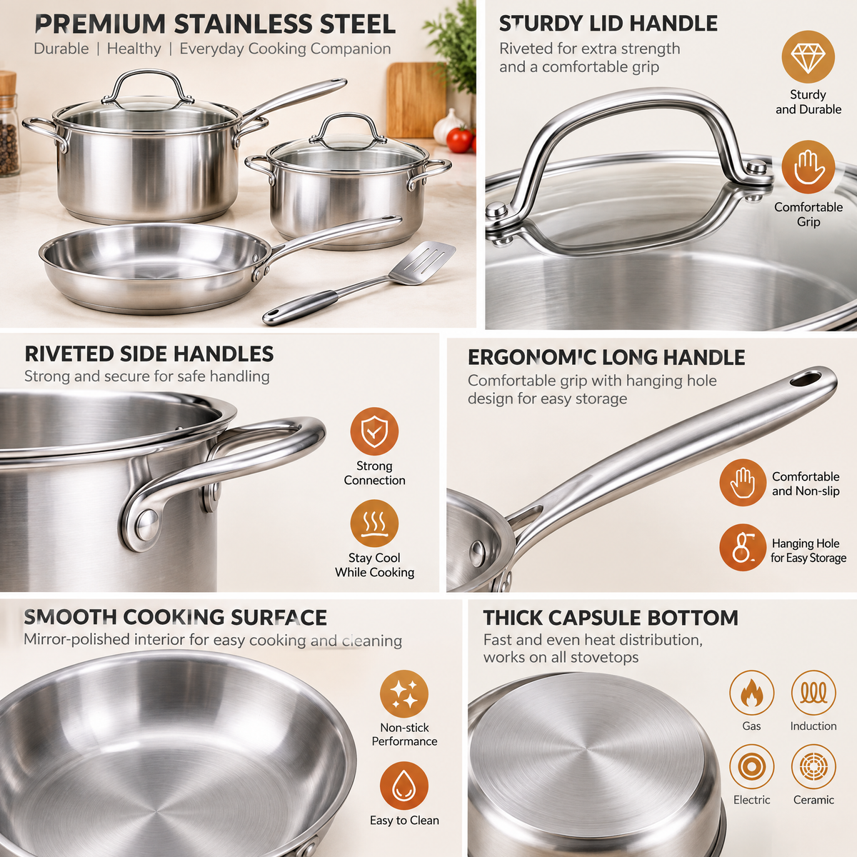 Zulqavi Stainless Steel Cookware Set, Pots, Pan and Slotted Spatula for Home Cooking