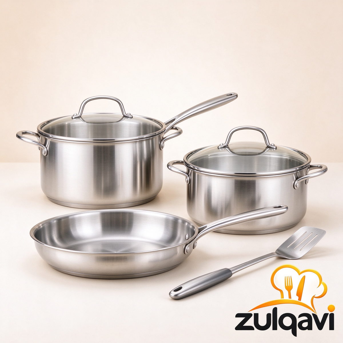 Zulqavi Stainless Steel Cookware Set, Pots, Pan and Slotted Spatula for Home Cooking