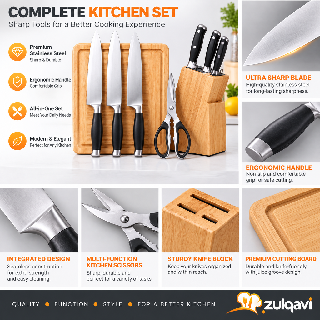 Zulqavi Kitchen Knife Set with Wooden Cutting Board & Kitchen Shears