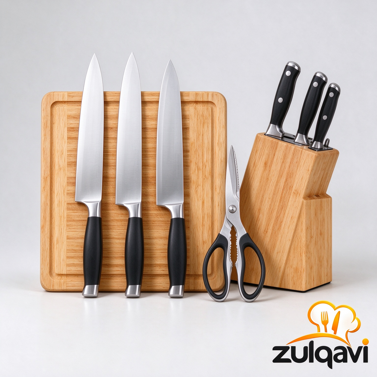 Zulqavi Kitchen Knife Set with Wooden Cutting Board & Kitchen Shears
