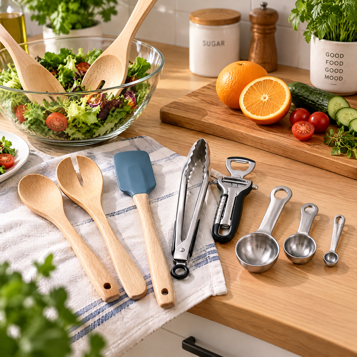 Zulqavi Multi Kitchen Gadget Set, Wooden Utensils, Measuring Spoons & Food Tongs