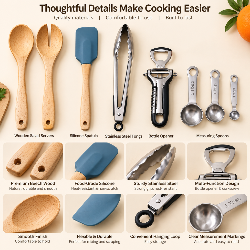 Zulqavi Multi Kitchen Gadget Set, Wooden Utensils, Measuring Spoons & Food Tongs
