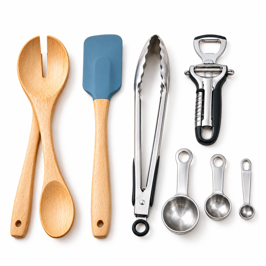 Zulqavi Multi Kitchen Gadget Set, Wooden Utensils, Measuring Spoons & Food Tongs