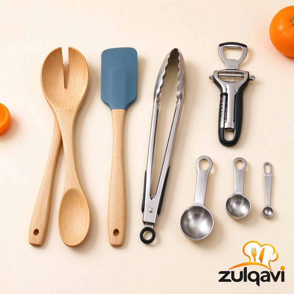 Zulqavi Multi Kitchen Gadget Set, Wooden Utensils, Measuring Spoons & Food Tongs