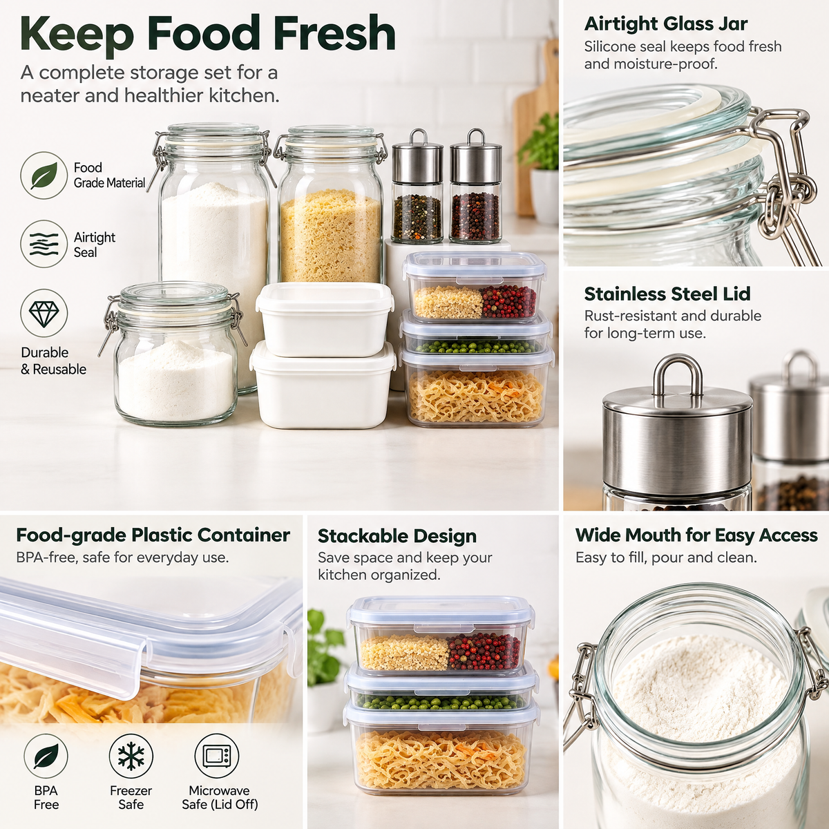 Zulqavi Food Storage Set, Glass Canisters & Airtight Plastic Containers