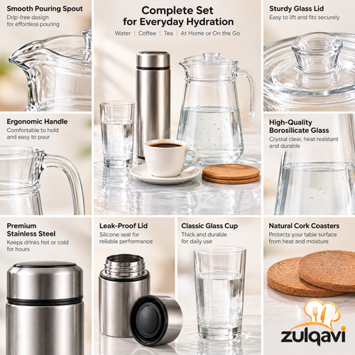 Zulqavi Drinkware Set, Glass Pitcher, Insulated Bottle, Glass Cup & Coffee Mug