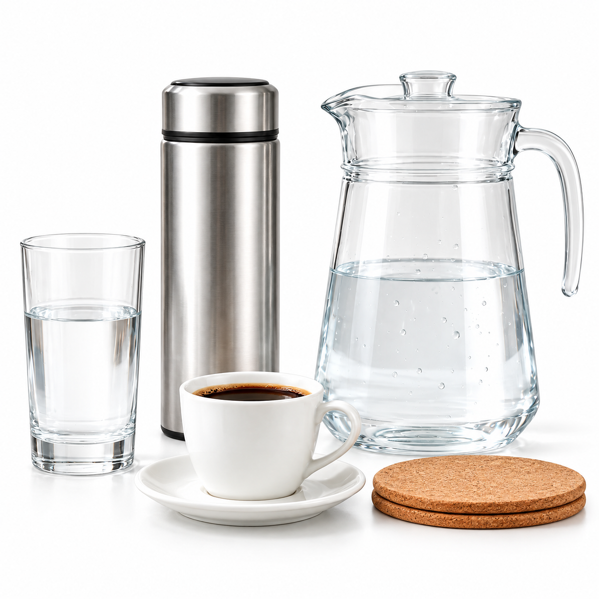 Zulqavi Drinkware Set, Glass Pitcher, Insulated Bottle, Glass Cup & Coffee Mug