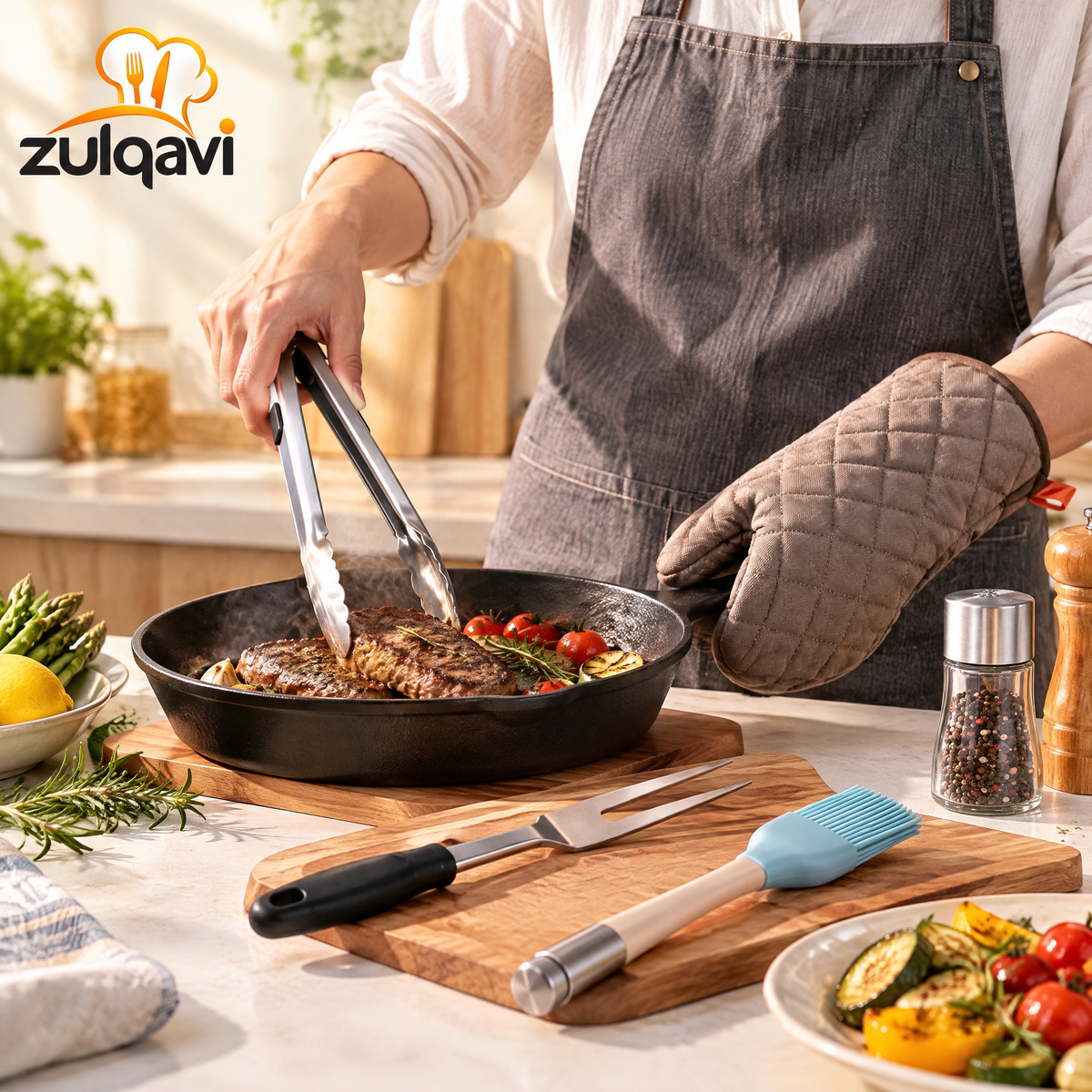 Zulqavi BBQ Cooking Tool Set, Food Tongs, Meat Fork, Basting Brush & Oven Mitts