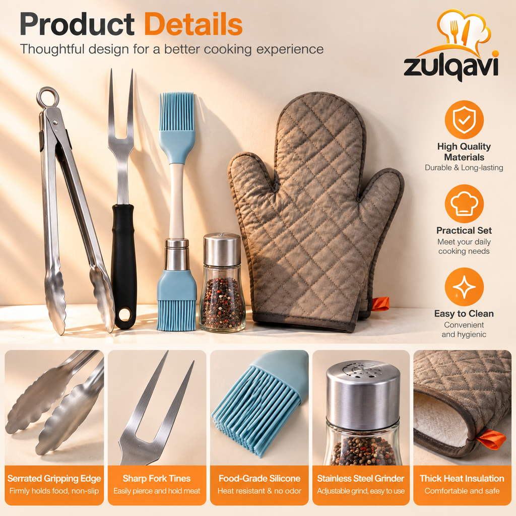 Zulqavi BBQ Cooking Tool Set, Food Tongs, Meat Fork, Basting Brush & Oven Mitts