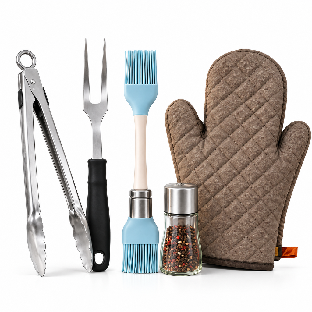 Zulqavi BBQ Cooking Tool Set, Food Tongs, Meat Fork, Basting Brush & Oven Mitts