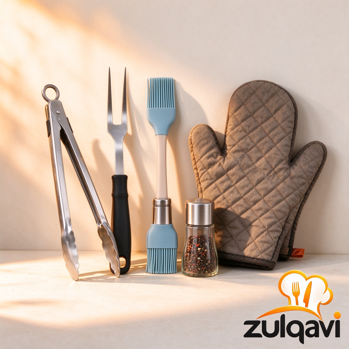 Zulqavi BBQ Cooking Tool Set, Food Tongs, Meat Fork, Basting Brush & Oven Mitts